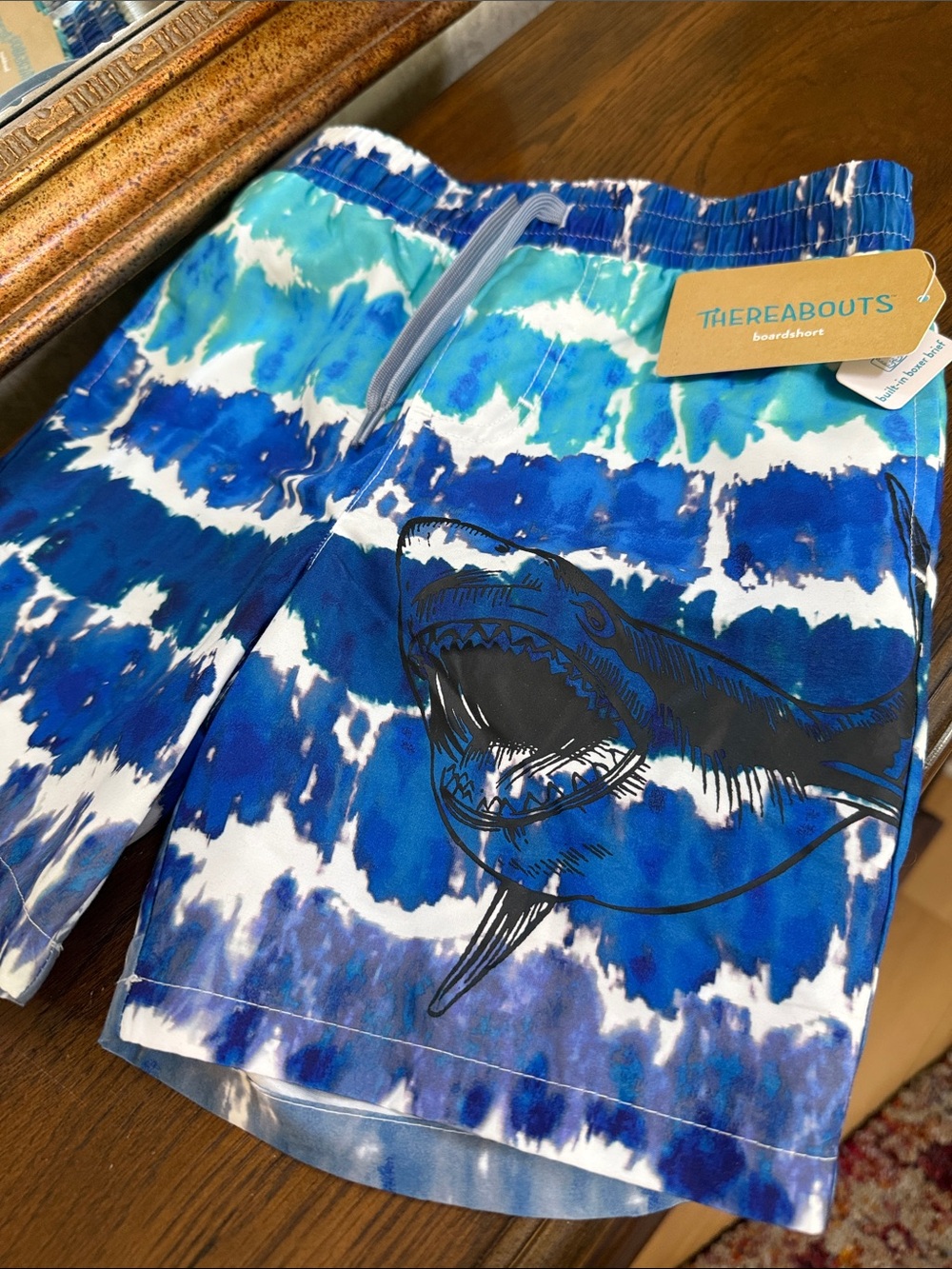Thereabouts Tie-Dye Blue Boys Swim Trunks with Shark Graphic. Size XXS 4/5.